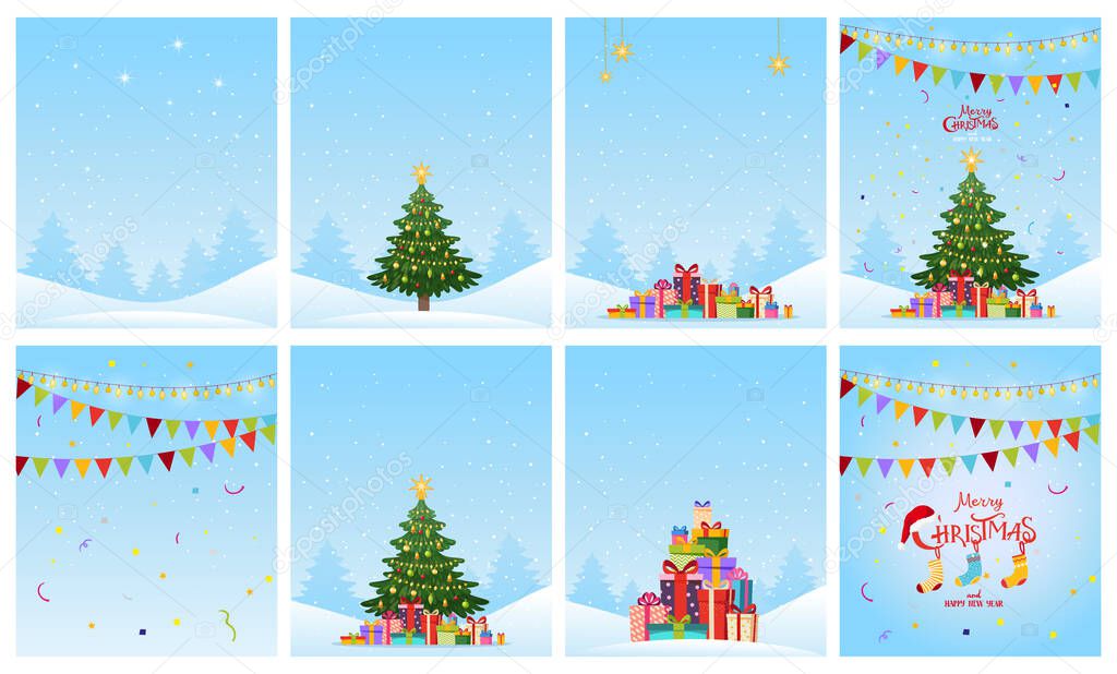 New Year s collection of greeting cards. Set of patterns with a winter forest, decorated Christmas tree, gifts. Flat cartoon vector.