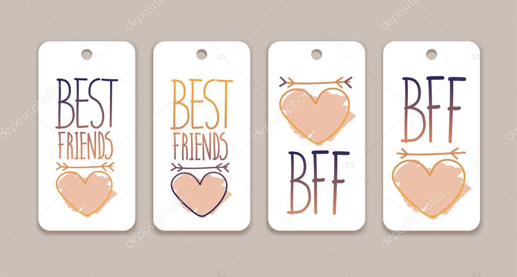 Set of design elements, tags with hand drawn phrase. Best friends. Bff. Vector illustration.