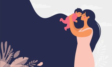 Güzel, genç bir anne kucağında bir bebek tutuyor. Aile kavramı, annelik, hamilelik. Modern vektör düz çizim. Tasarım için Clipart