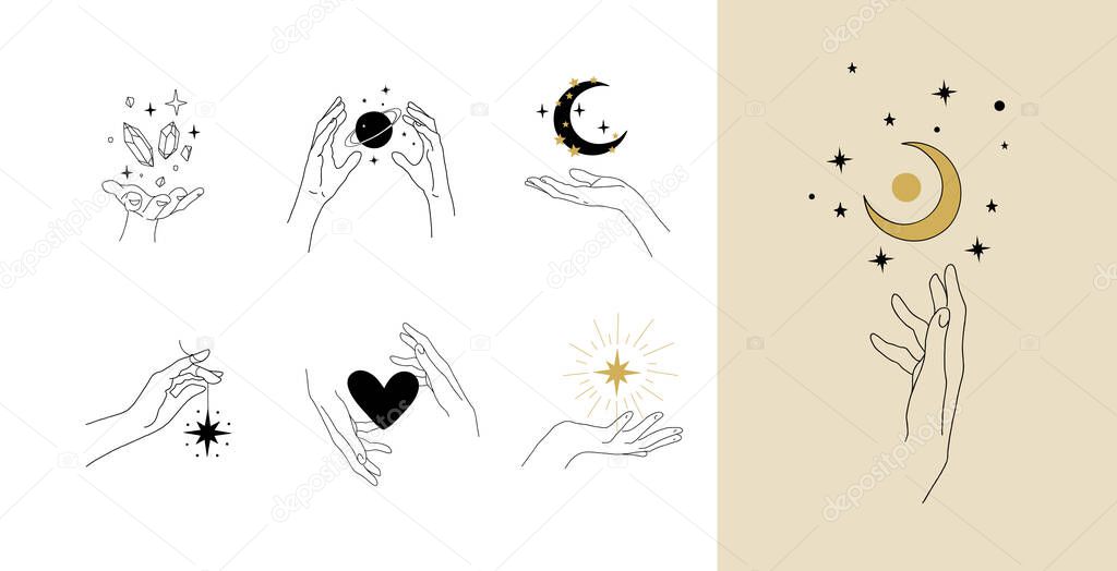 Set of modern simple magic drawings with crystals, stars, moon. Design elements for weddings, tattoos, trendy boho style. Vector linear illustration isolated on white background
