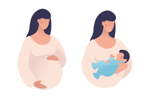 关于怀孕和生儿育女的一组说明 有肚子痛的孕妇带着新生儿的女士平面卡通风格的矢量图解 — 图库矢量图片