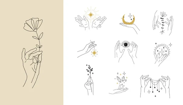 Set di semplici disegni magici moderni con cristalli, stelle, luna e fiori. Elementi di design per matrimoni, tatuaggi, stile boho alla moda. Illustrazione lineare vettoriale isolata su sfondo bianco . — Vettoriale Stock