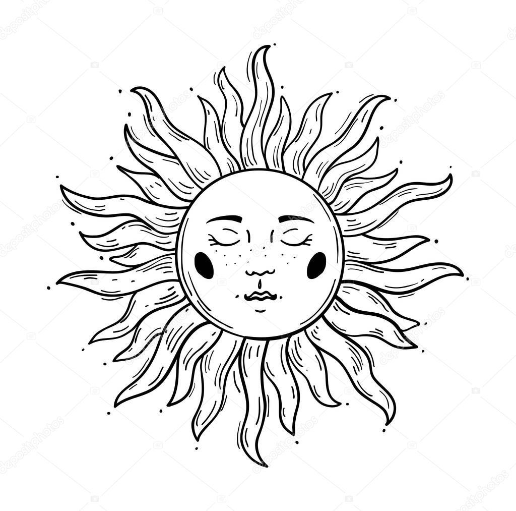 Modern pattern in vintage style, the sun with a face, stylized drawing, engraving. Vintage mystical boho design, logotype, tattoo. Vector illustration isolated on white.