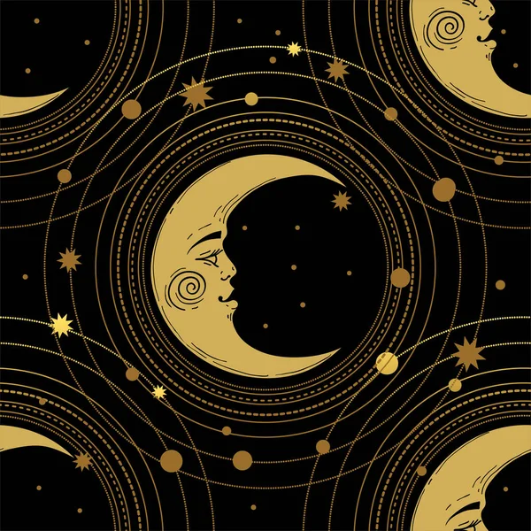 Seamless pattern with a golden moon and a crescent moon with a face on a black background. Magic, mystical background for tarot, boho design. Vector illustration, engraving. — Stock Vector