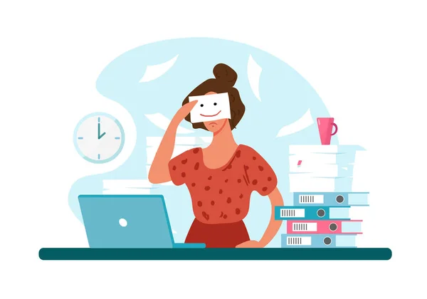 Unhappy woman at work, professional burnout. Sad girl holds a painted smile. The concept of depression, workload, career growth. Flat vector illustration. — Stock Vector