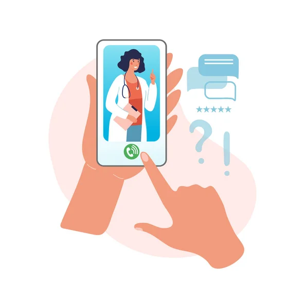 Online διαβούλευση με ένα γιατρό. Υποδοχή στο νοσοκομείο για βιντεοκλήση, χέρια που κρατούν ένα smartphone με μια γυναίκα γιατρό με στηθοσκόπιο στην οθόνη. Επίπεδη διανυσματική απεικόνιση. — Διανυσματικό Αρχείο