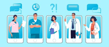 Ekranda kadın ve erkek karakterli telefonlar var. Online klinik kavramı, tıbbi uzmanlarla görüşme ve video danışmanlığı. Düz vektör illüstrasyonu.