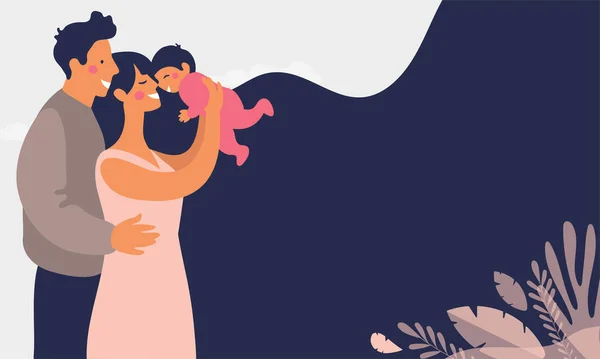 I giovani genitori felici giocano con un bambino. Papà sorride a suo figlio e abbraccia sua moglie. Mamma tiene la figlia tra le braccia. Famiglia moderna. Illustrazione vettoriale piatto . — Vettoriale Stock