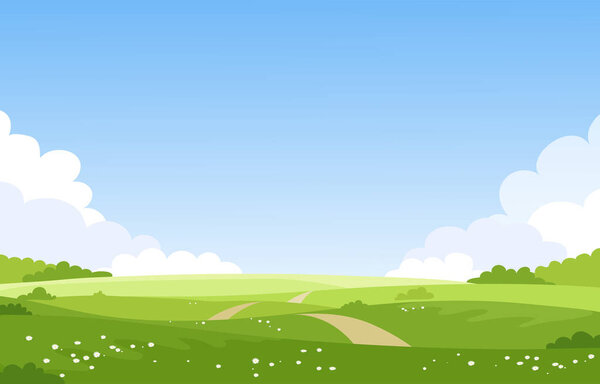 Красивый весенний пейзаж, баннер с зелеными полями и лугами. Летний естественный фон с местом для текста, зеленая трава, дорога, облака, небо. Солнечный парк. Векторная иллюстрация
.