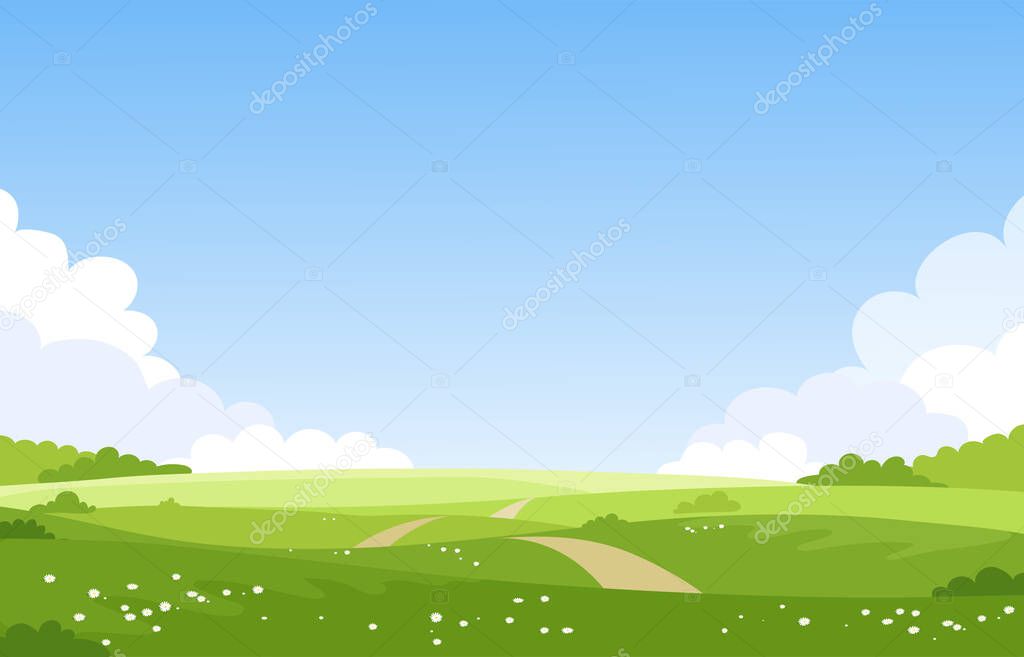 Beautiful spring landscape, banner with green fields and meadows. Summer natural background with place for text, green grass, road, clouds, sky. Sunny park. Vector illustration.