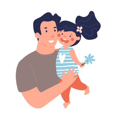 Portrait of a father with daughter. Poster for father s day. Daddy hugs and takes care of his child. Flat cartoon vector illustration isolated on white background. clipart