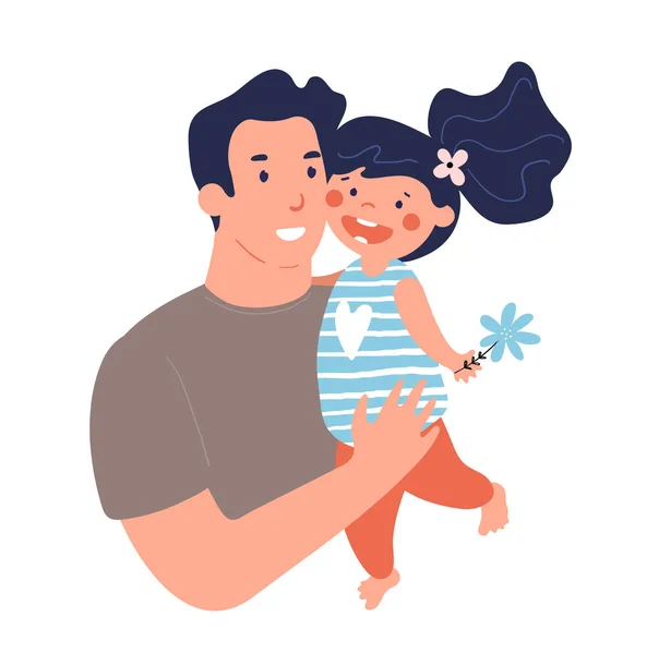 Portrait of a father with daughter. Poster for father s day. Daddy hugs and takes care of his child. Flat cartoon vector illustration isolated on white background. — Stock Vector