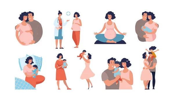 Hamilelik ve annelik hakkında. Anne ve babanın bebekleri oluyor, çocuk büyüyor, doktoru ziyaret ediyor, hamile kadınlar için yoga yapıyor, mutlu bir aile. Düz vektör karikatür çizimi beyaz arkaplanda izole edildi. — Stok Vektör