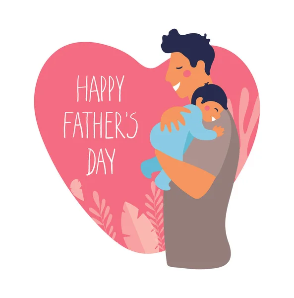 Retrato de un padre con hijo. Cartel para el día del padre. Papá abraza y cuida de su hijo. ilustración plana vector de dibujos animados sobre un fondo de corazón . — Vector de stock