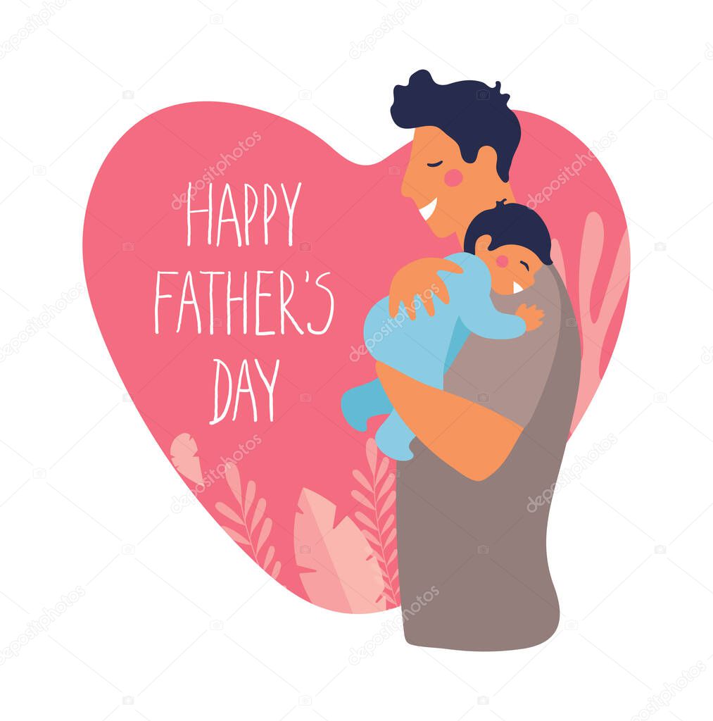 Portrait of a father with son. Poster for fathers day. Daddy hugs and takes care of his child. Flat cartoon vector illustration on a background of heart.