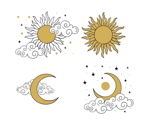 Tajemné zlaté boho tetování se sluncem, půlměsícem, hvězdami a mraky. Lineární design, ruční kresba. Soubor prvků pro astrologii, mysticismus a předpovídání budoucnosti. Vektorová ilustrace na bílém pozadí. — Stockový vektor