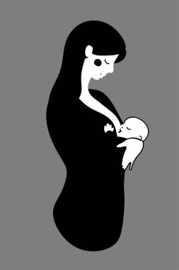 Annem bebeğini emziriyor. Kollarında bebek olan bir annenin silueti, annelik kavramı. Emzirme logosu, imzala. Vektör çizimi. Çocuklu bir kadın