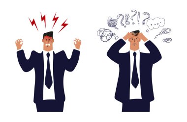 Kızgın işadamı, takım elbiseli ve kravatlı bir adam ya üzgün ya da öfkeli. Yorgun bir ofis çalışanı kavramı, işte sorunlar. Başı ağrıyan bir iş adamı, iş ve sorunlardan dolayı stres içindeki bir adam. Düz vektör