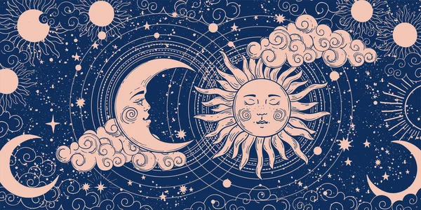 Magiczny sztandar astrologii, wróżenia, magii. Urządzenie wszechświata, półksiężyc i słońce z księżycem na niebieskim tle. Ilustracja wektora ezoterycznego, wzór. — Wektor stockowy