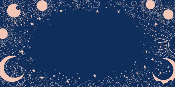 Fundo azul mágico com lua e sol, lua crescente, lugar para texto. Bandeira astrológica com estrelas, padrão cósmico. Ilustração vetorial de doodle . —  Vetores de Stock