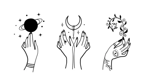 Набор икон с руками, планетой, полумесяцем, звездами и растениями. Волшебная эмблема и татуировка ведьмы в дизайне Бохо. Линейный рисунок. Векторные каракули — стоковый вектор