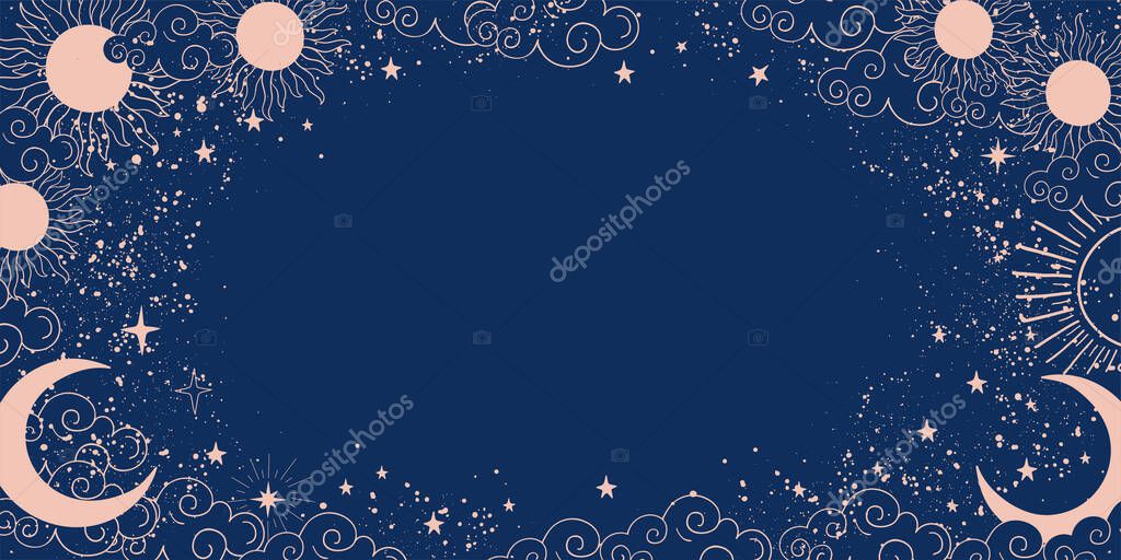 Magic blue background with moon and sun, crescent moon, place for text. Astrological banner with stars, cosmic pattern. Doodle vector illustration