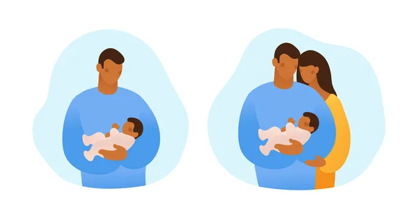 Siyahi bir adam kucağında bir bebek tutuyor ve onunla ilgileniyor. Aile kavramı, ebeveynlik, bekar baba. Beyaz arkaplanda izole edilmiş basit düz stok çizimleri koleksiyonu. — Stok Vektör