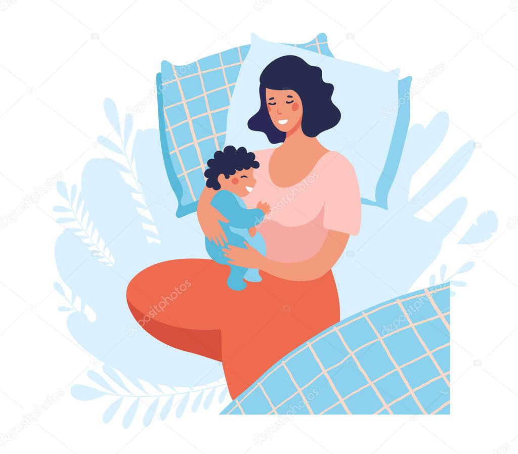 A young mother sleeps with a newborn baby. Joint sleep with a baby. The woman sleeps, smiles and hugs her son. Flat vector illustration.