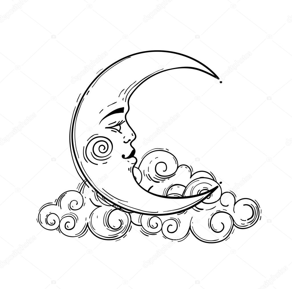 Magic crescent moon with face, line drawing isolated on white background. Astrological and esoteric design element. Stock illustration, engraving stylization.