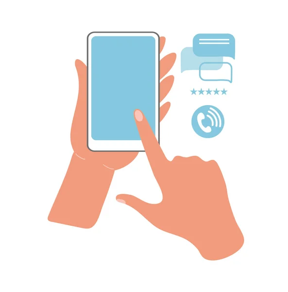 Handen houden de telefoon vast en wijzen met een vinger naar het scherm. Platte vectorillustratie. Online communicatie op het internet met behulp van gadgets. — Stockvector