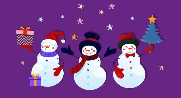 Tres divertidos personajes de muñeco de nieve lindo con regalos y árbol de Navidad. Aplicación de papel navideño para niños sobre fondo púrpura con estrellas. Diseño de dibujos animados. Ilustración vectorial plana . — Vector de stock