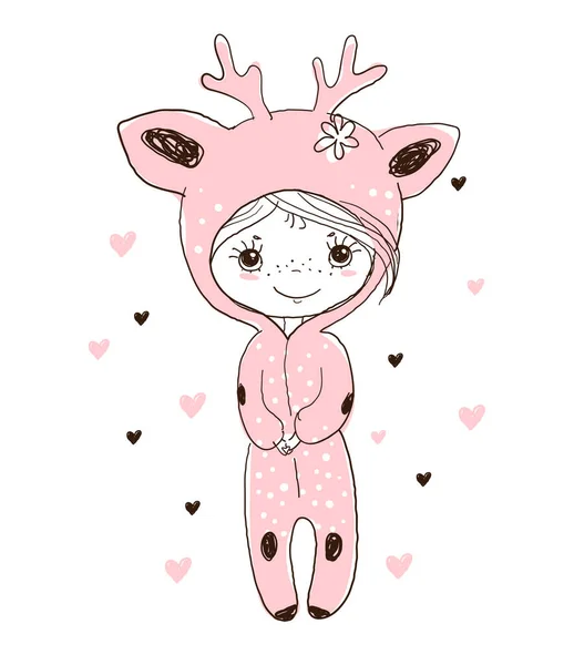 A girl in a deer costume. Cute line drawing for kids. Flat vector illustration, doodle hand drawing isolated on white background.. Element for design, baby shower, print. — Stock Vector