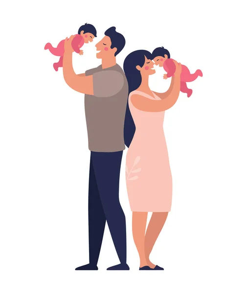 Mladí rodiče si hrají s dvojčaty. Šťastný táta a máma drží děti v náručí. Ploché vektorové ilustrace v kresleném stylu izolované na bílém pozadí — Stockový vektor