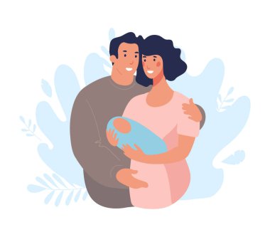 Yeni doğmuş bir bebeği olan genç bir Asyalı aile. Anne oğlunu kollarına aldı. Karı koca kucaklaşır ve küçük kızlarına bakarlar. Düz vektör illüstrasyonu.