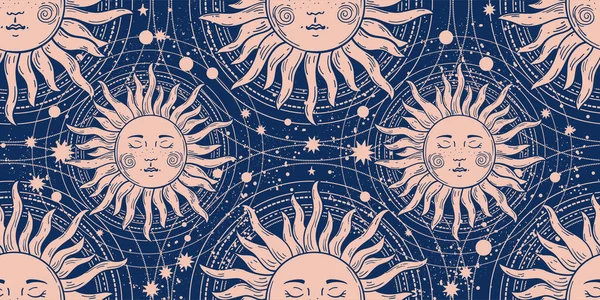 Απρόσκοπτη μαγεία στολίδι με έναν ήλιο με ένα πρόσωπο σε ένα μπλε φόντο. Μοτίβο με στοιχεία αστρολογίας, boho design, χώρο και αστέρια. Εικονογράφηση διανύσματος. — Διανυσματικό Αρχείο
