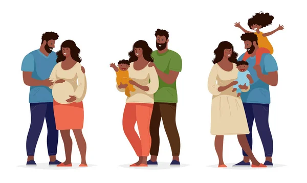 Mutlu bir aile ve doğum hakkında bir set. Çocukları, kocası ve hamile karısı olan siyah afro bir aile. Annem ve babam yeni doğan bebekle birlikte duruyorlar. Düz vektör çizimi. Çizgi film tasarımı. — Stok Vektör