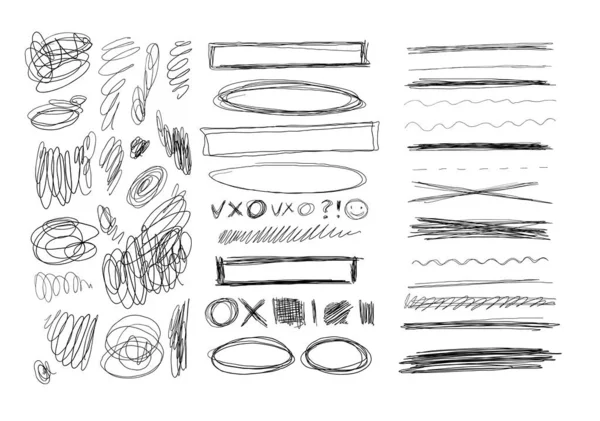 手描きの線のセット。ペンでスクリブル,鉛筆でストライプ.デザインのための黒い抽象的な要素。白い背景に隔離された株式ベクトル。線の質感、鉛筆やペンの手書き — ストックベクタ