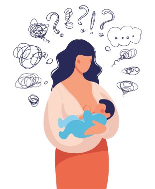 Sorular ve emzirme sorunları. Kollarında çocuğu olan bir kadın kendisine bir sürü soru sorar. Doğum sonrası depresyonla ilgili kavramsal çizimler, genç bir anneye yardım etmek, bir aileyi desteklemek. Düz çizgi film çizimi beyaz arka planda izole edildi