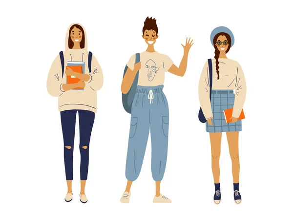 Um grupo de estudantes modernos do sexo feminino em roupas da moda com mochilas e livros. Hipster alunas em jeans e roupas casuais. Ilustração vetorial plana isolada sobre fundo branco . — Vetor de Stock