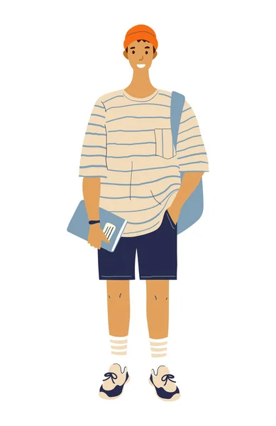 穿着时髦长统袜的现代人。男生或学生，带着书本和背包。学校设计中的男性角色。白色背景上孤立的平面矢量图解. — 图库矢量图片