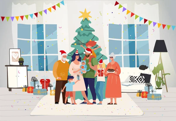 Rodina je doma na Vánoce. Šťastná rodina slaví Nový rok s dětmi a prarodiči. Zdobený vánoční stromek v pokoji. Slavnostní interiér a postavy. Plochá vektorová ilustrace. — Stockový vektor