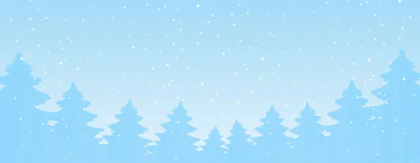 Banner festivo de invierno, siluetas de dibujos animados árboles de Navidad y nevadas. Fondo de Navidad azul moderno para el diseño. Paisaje forestal de Año Nuevo con espacio para copias. Ilustración vectorial plana — Vector de stock