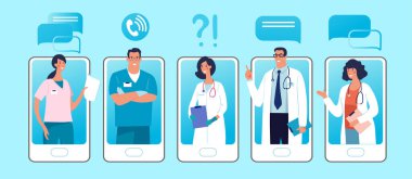 Ekranda kadın ve erkek karakterli telefonlar var. Online klinik kavramı, tıbbi uzmanlarla görüşme ve video danışmanlığı. Düz vektör illüstrasyonu.