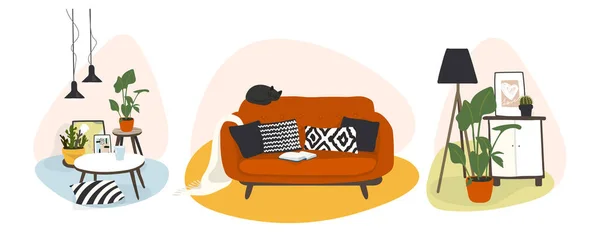 Meubilair voor moderne woonkamer interieur, set van platte illustraties. Bank met kussens, salontafel, lamp en bloemen. Cartoon illustratie vector — Stockvector