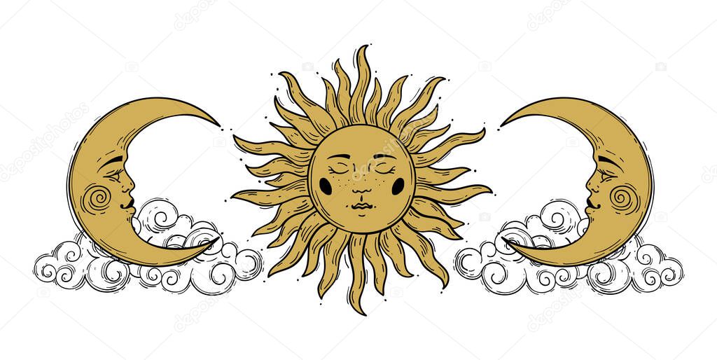 Magic concept, vintage sun and crescent pattern with face, gold and black, engraving stylized. Illustration for astrology, boho design, pagan symbols for divination. Stock vector.