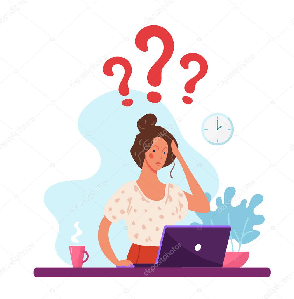 The girl thinks, the woman works at the computer, question marks. Concept illustration about the complexities of learning, problems at work. Flat vector illustration.