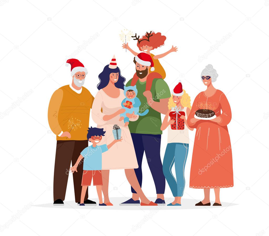 Happy family with gifts in santa hats. Children, parents and grandfathers are preparing for the New Year s carnival. Big family together on a holiday. Cartoon vector illustration.