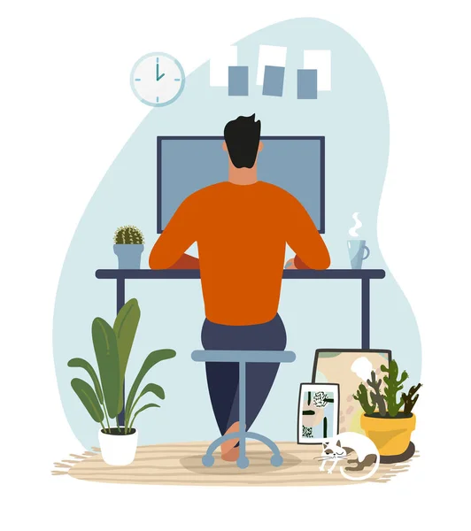 Moderna illustrazione concettuale su home office, telelavoro, educazione online. Un uomo si siede e lavora a un computer in un accogliente interno della casa. Illustrazione vettoriale piatto. — Vettoriale Stock