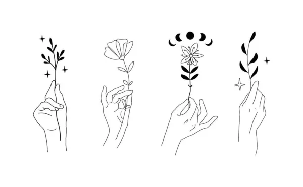 Hände mit Blumen und Pflanzen. Anmutige Frauenhände, mystische Symbole für das Logo, esoterisches Boho-Design, minimalistisches lineares Emblem für die Hochzeitskarte. Doodle-Vektorillustration. — Stockvektor