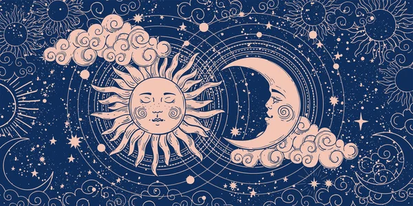 Banner mágico para astrología, adivinación, magia. El dispositivo del universo, luna creciente y sol con luna sobre un fondo azul. Ilustración del vector esotérico, patrón. — Vector de stock